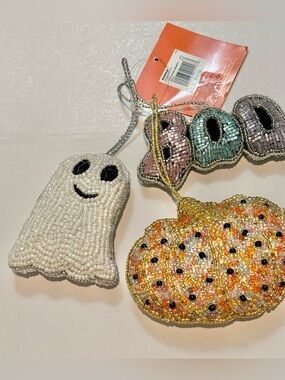 Kohl's Beaded Halloween Ornament Set - White Ghost, Orange Pumpkin, Pastel 'Boo'